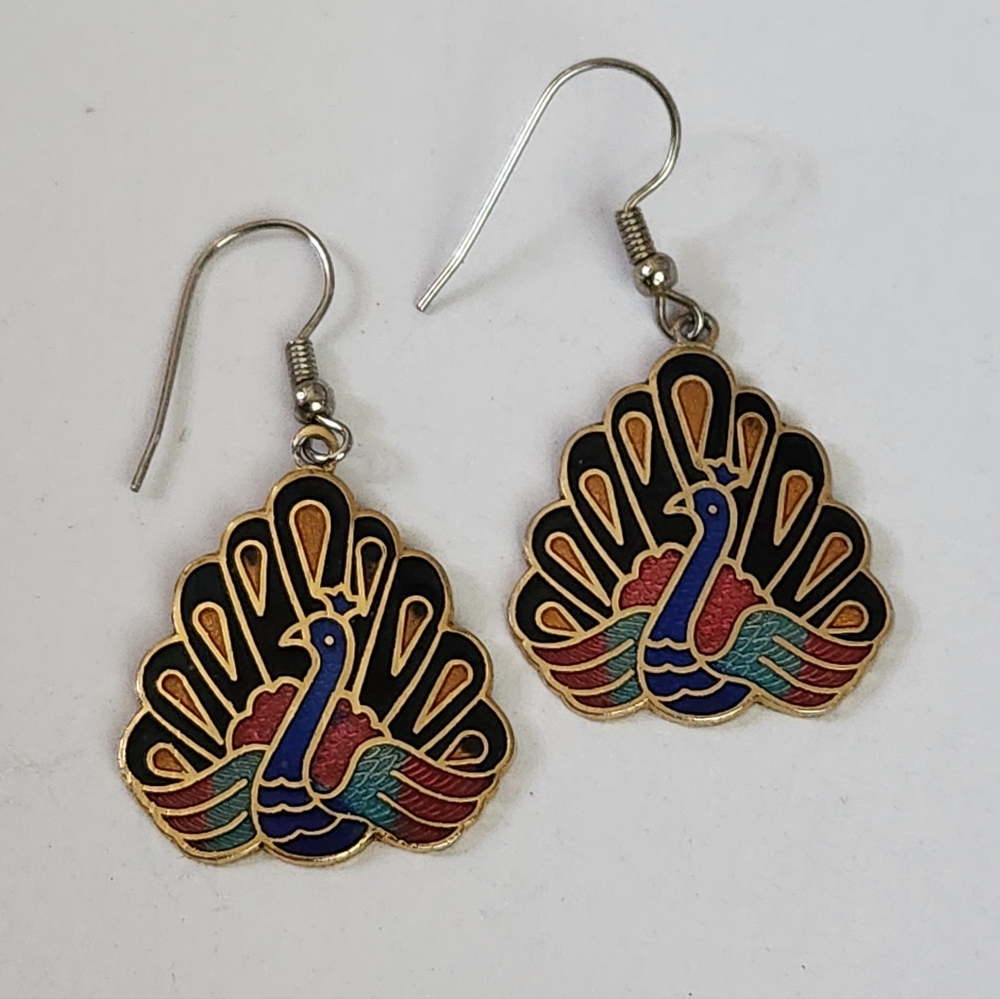 Vtg Cloisonne Peacock Drop Earrings with Multicolor Enamel Accents